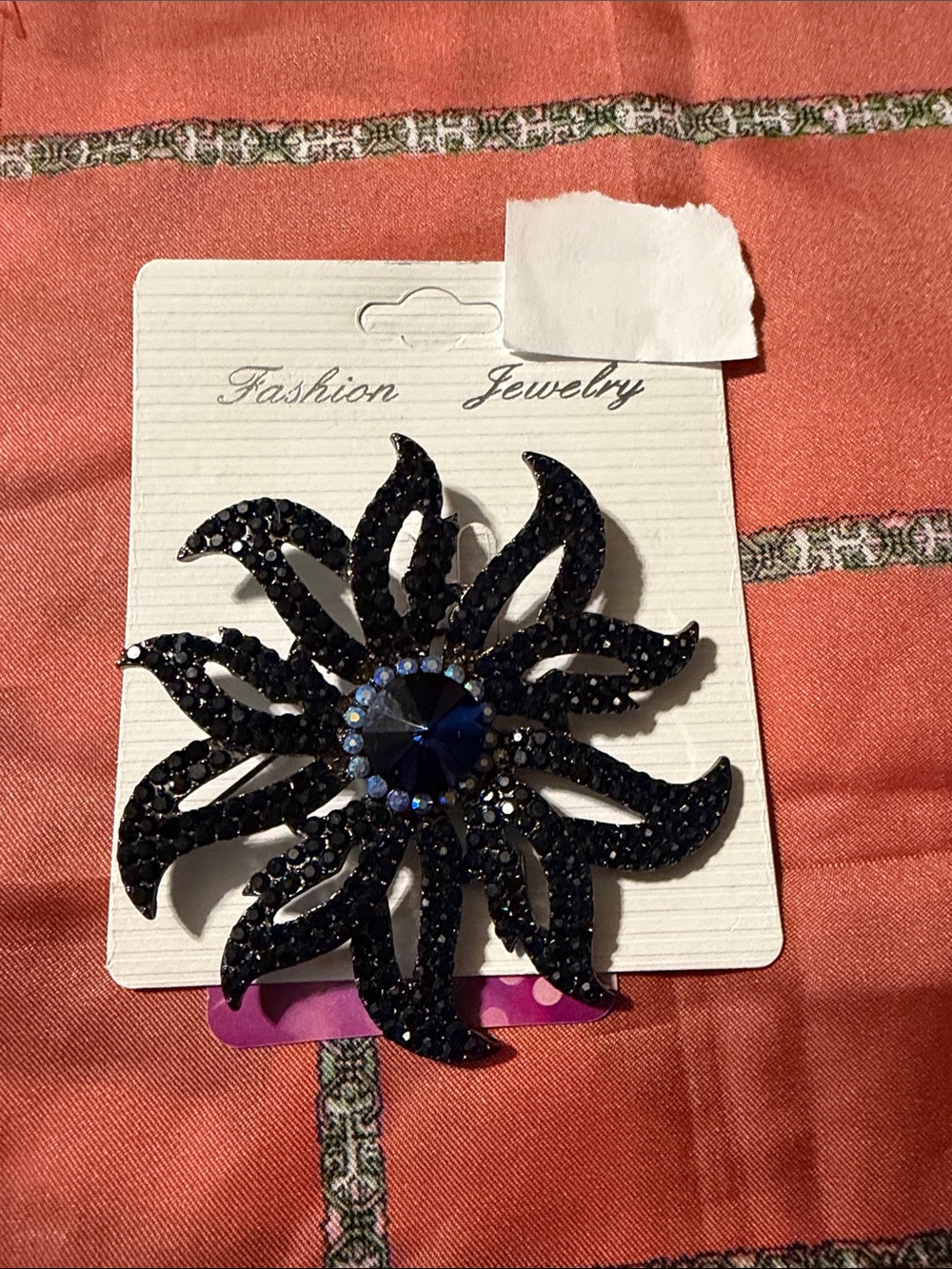 Fashion Jewelry Black Sunburst Brooch with Blue Center Crystal - 72